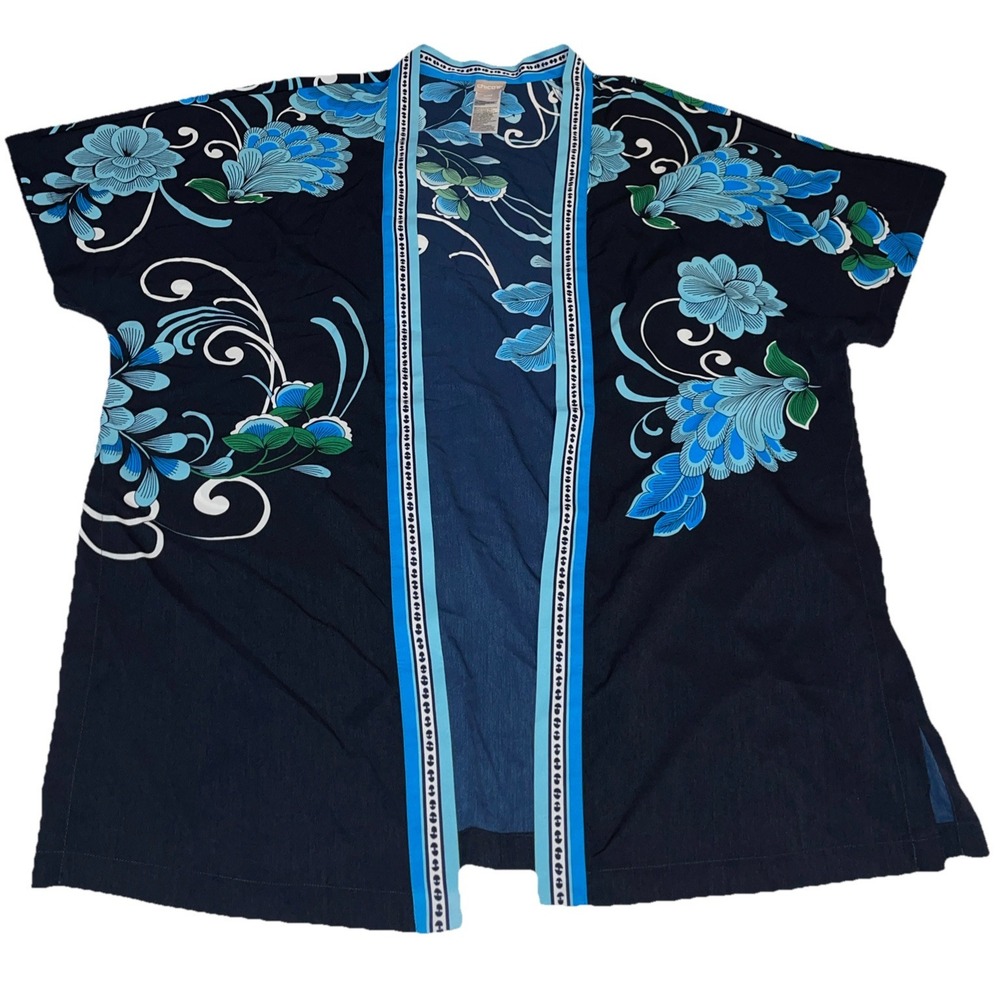 Chicos Small Women's Black Blue Floral Kimono Bathing Suit Cover Robe